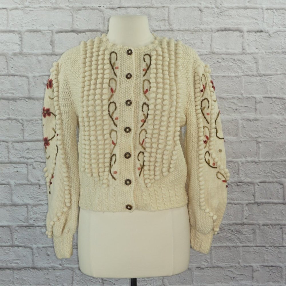 Vintage 80s Haziipar Hungarian Handmade Folklore Bobble Cardigan Sweater